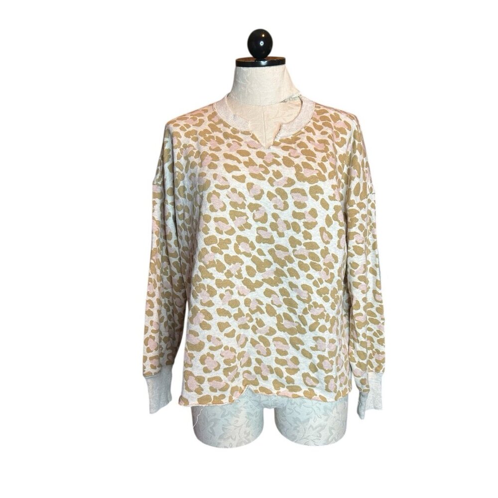 Aerie Leopard Print Pullover V-Neck Oversized Sweater Raw Hem Sz S
